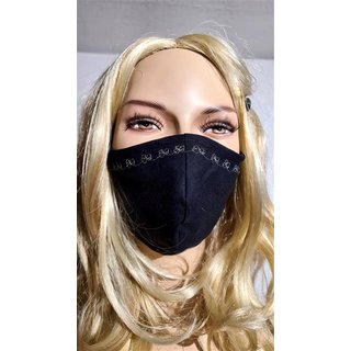 Edle schwarze Mund-Nasenmaske Stoffmaske mit Lurexstickerei grn zweilagig mit Filtertasche