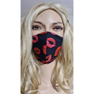 Schwarze Nasen-Mundmaske mit roten Mundmotiven Stoffmaske Maske Mundbedeckung Doppeloptik