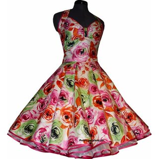 50er Jahre Petticoat Kleid pink grne filigrane Rosen Blumen Vintage 36