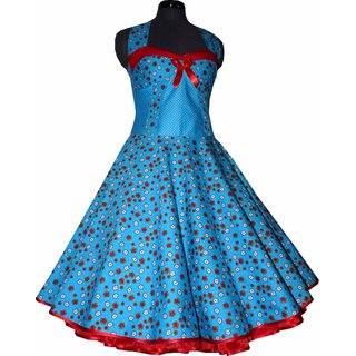 Tanzkleid der 50er zum Petticoat trkis blau kleine rote Blumen und Punkte